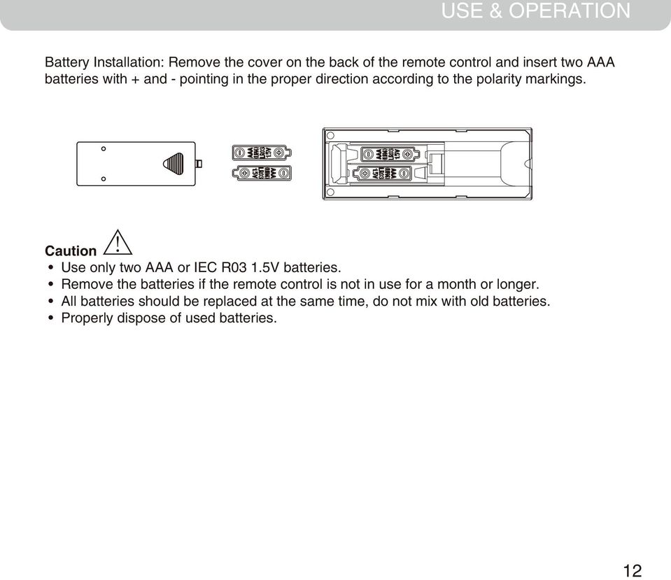 Caution Use only two AAA or IEC R03 1.5V batteries.