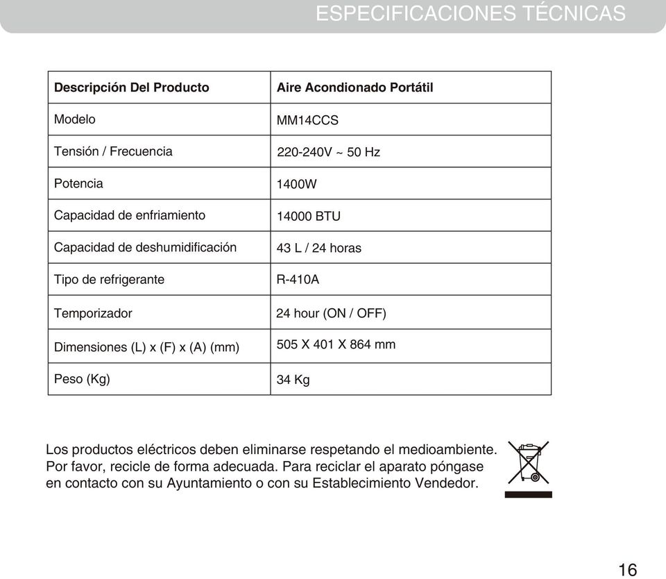 50 Hz 1400W 14000 BTU 43 L / 24 horas R-410A 24 hour (ON / OFF) 505 X 401 X 864 mm 34 Kg Los productos eléctricos deben eliminarse respetando