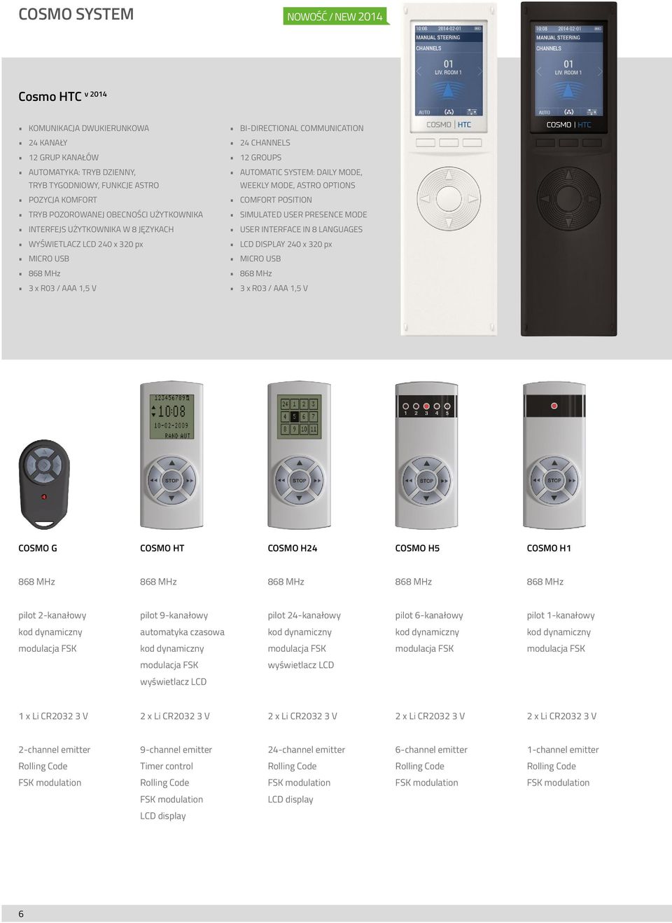 WEEKLY MODE, ASTRO OPTIONS COMFORT POSITION SIMULATED USER PRESENCE MODE USER INTERFACE IN 8 LANGUAGES LCD DISPLAY 240 x 320 px MICRO USB 868 MHz 3 x R03 / AAA 1,5 V COSMO G COSMO HT COSMO H24 COSMO