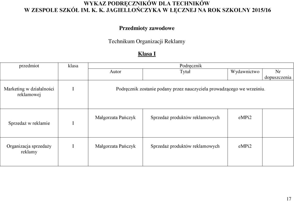 Reklamy Klasa I Marketing w działalności reklamowej I Sprzedaż w reklamie I Małgorzata