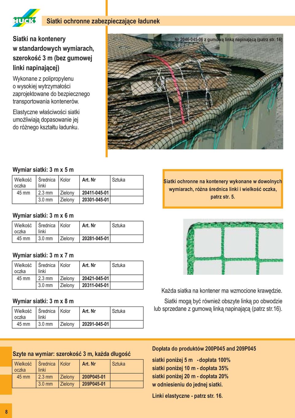 3 mm Zielony 20411-045-01 3.0 mm Zielony 20301-045-01 Siatki ochronne na kontenery wykonane w dowolnych wymiarach, różna średnica linki i wielkość oczka, patrz str. 5.