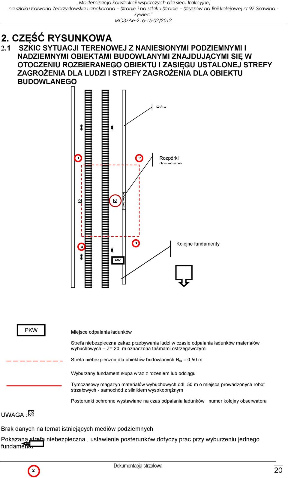 ZAGROŻENIA DLA OBIEKTU BUDOWLANEGO Rów odwadniający 1 2 Rozpórki drewniane na dług 2,50-3,00 m 4 3 Kolejne fundamenty PK W PKW Miejsce odpalania ładunków Strefa niebezpieczna zakaz przebywania ludzi