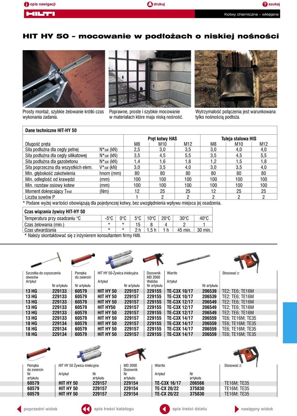 Dane techniczne HIT-HY 50 Pręt kotwy HAS Tuleja stalowa HIS Długość pręta M8 M10 M12 M8 M10 M12 Siła podłużna dla cegły pełnej N*zal (kn) 2,5 3,0 3,5 3,0 4,0 4,0 Siła podłużna dla cegły silikatowej