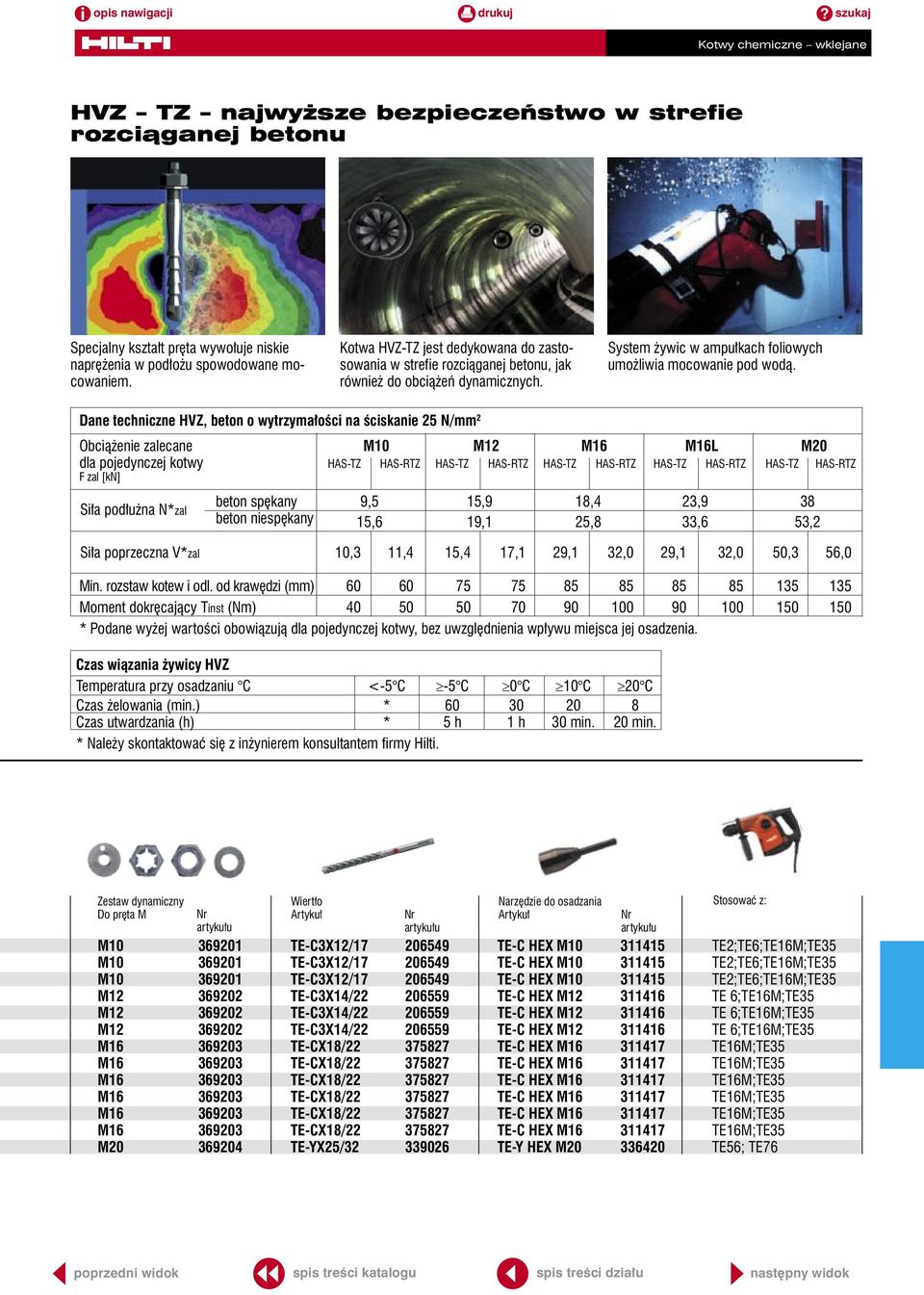 Dane techniczne HVZ, beton o wytrzymałości na ściskanie 25 N/mm 2 Obciążenie zalecane M10 M12 M16 M16L M20 dla pojedynczej kotwy HAS-TZ HAS-RTZ HAS-TZ HAS-RTZ HAS-TZ HAS-RTZ HAS-TZ HAS-RTZ HAS-TZ