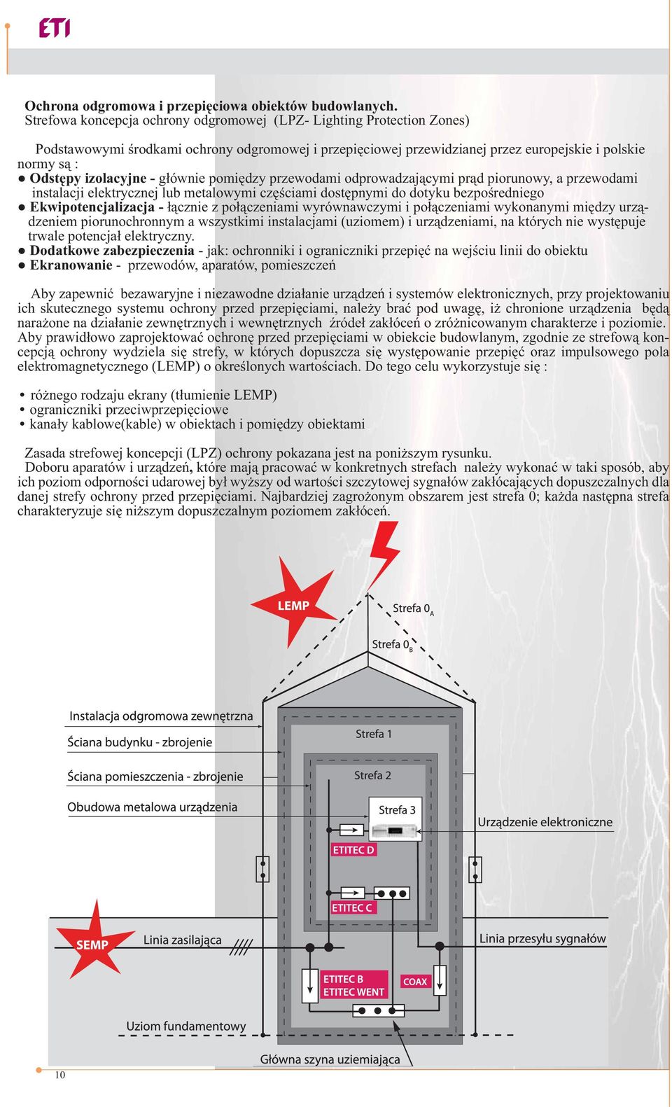 - głównie pomiędzy przewodami odprowadzającymi prąd piorunowy, a przewodami instalacji elektrycznej lub metalowymi częściami dostępnymi do dotyku bezpośredniego Ekwipotencjalizacja - łącznie z