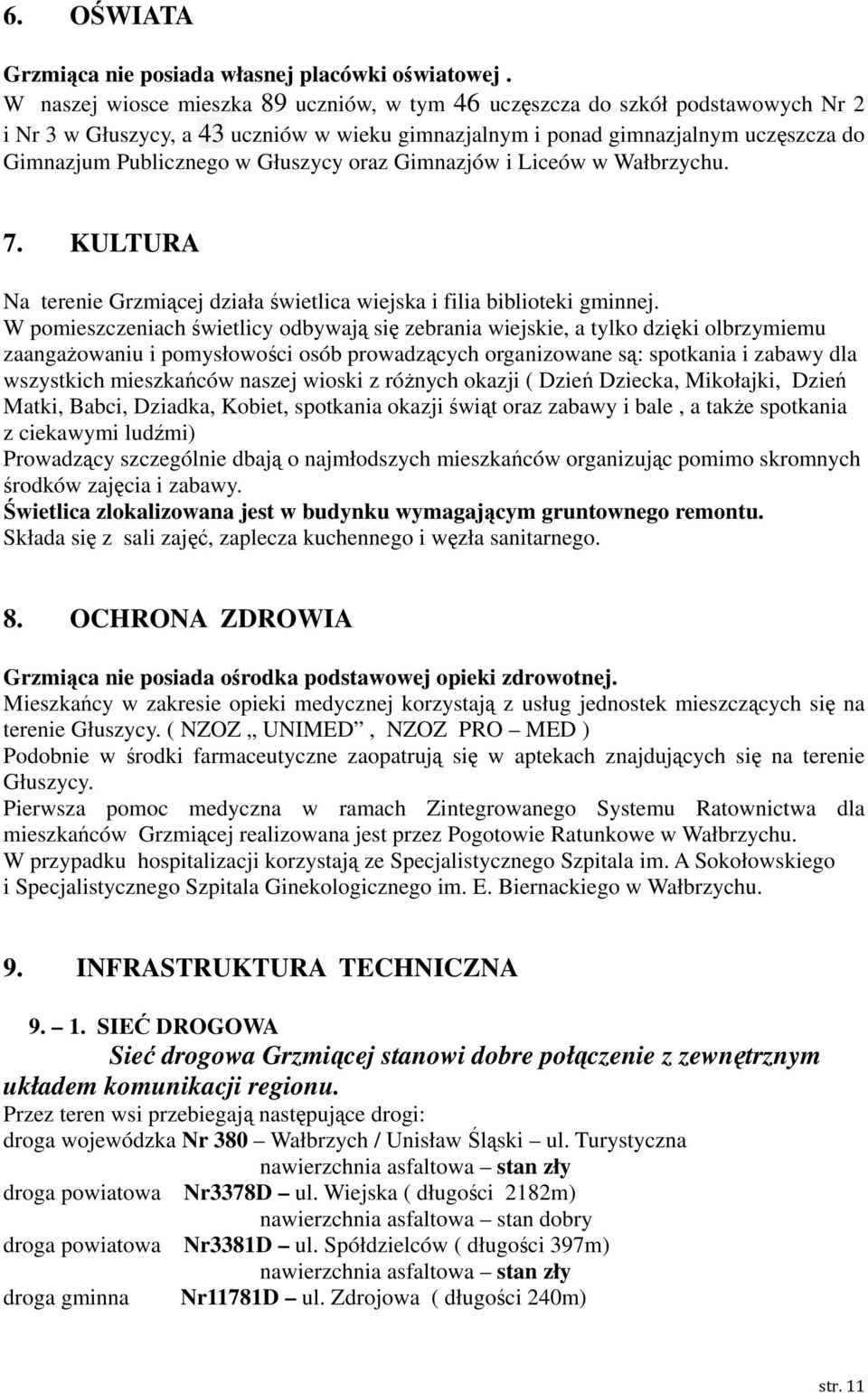 Głuszycy oraz Gimnazjów i Liceów w Wałbrzychu. 7. KULTURA Na terenie Grzmiącej działa świetlica wiejska i filia biblioteki gminnej.