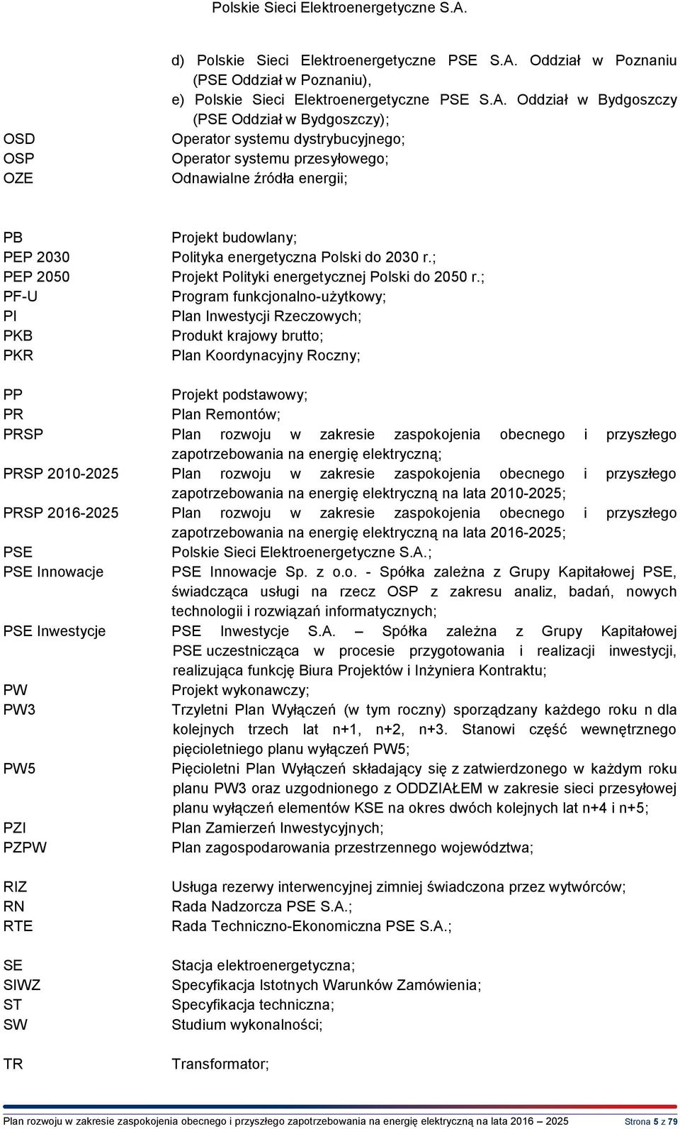 Oddział w Bydgoszczy (PSE Oddział w Bydgoszczy); Operator systemu dystrybucyjnego; Operator systemu przesyłowego; Odnawialne źródła energii; PB PEP 2030 PEP 2050 PF-U PI PKB PKR Projekt budowlany;