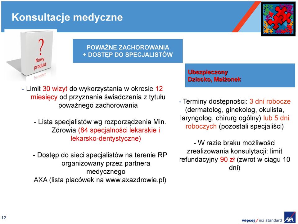 Zdrowia (84 specjalności lekarskie i lekarsko-dentystyczne) - Dostęp do sieci specjalistów na terenie RP organizowany przez partnera medycznego AXA (lista placówek na www.