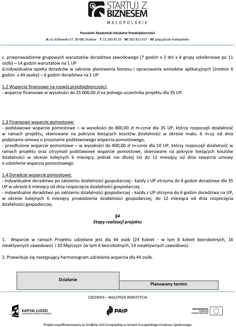 2 Wsparcie finansowe na rozwój przedsiębiorczości: - wsparcie finansowe w wysokości do 25 000,00 zł na jednego uczestnika projektu dla 35 UP. 1.