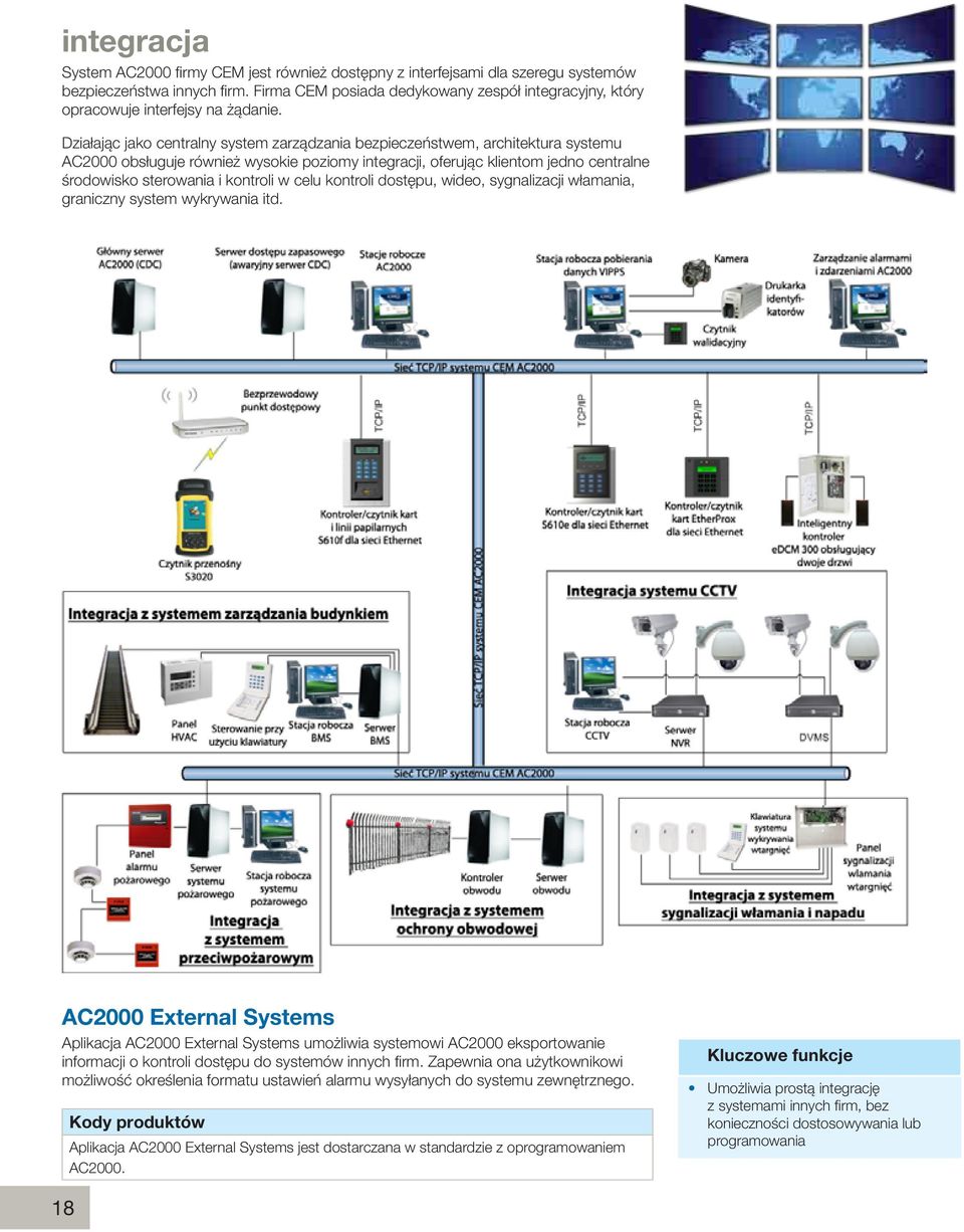 Działając jako centralny system zarządzania bezpieczeństwem, architektura systemu AC2000 obsługuje również wysokie poziomy integracji, oferując klientom jedno centralne środowisko sterowania i