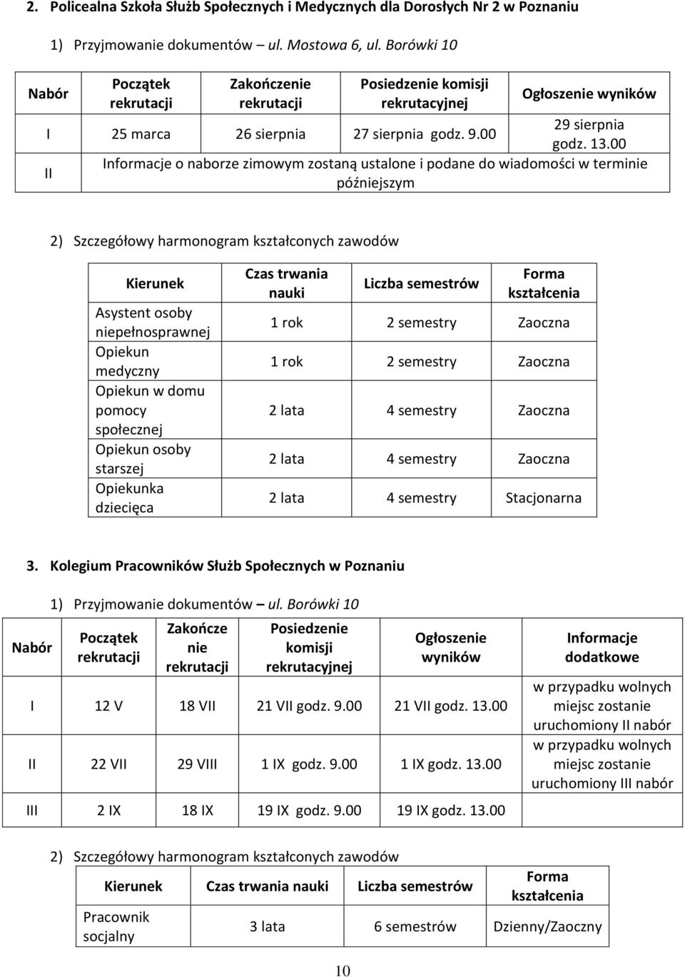 00 Informacje o naborze zimowym zostaną ustalone i podane do wiadomości w terminie II późniejszym 2) Szczegółowy harmonogram kształconych zawodów Kierunek Asystent osoby niepełnosprawnej Opiekun