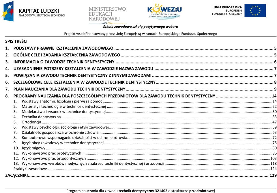 SZZEGÓŁOWE ELE KSZTAŁENIA W ZAWODZIE TEHNIK DENTYSTYZNY... 8 7. LAN NAUZANIA DLA ZAWODU TEHNIK DENTYSTYZNY... 9 8. ROGRAMY NAUZANIA DLA OSZZEGÓLNYH RZEDMIOTÓW DLA ZAWODU TEHNIK DENTYSTYZNY... 14 1.