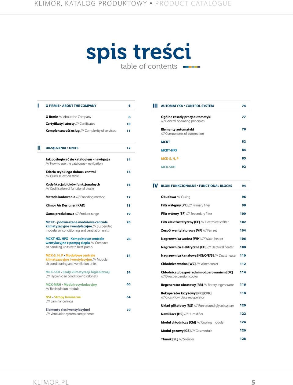 się katalogiem - nawigacja /// How to use the catalogue - navigation Tabela szybkiego doboru central /// Quick selection table 14 15 MCK-S, H, P MCK-SKH 85 92 Kodyfikacja bloków funkcjonalnych ///