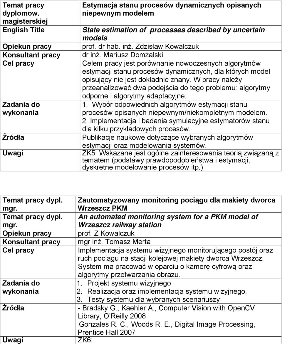 Zdzisław Kowalczuk dr inż. Mariusz Domżalski Celem pracy jest porównanie nowoczesnych algorytmów estymacji stanu procesów dynamicznych, dla których model opisujący nie jest dokładnie znany.