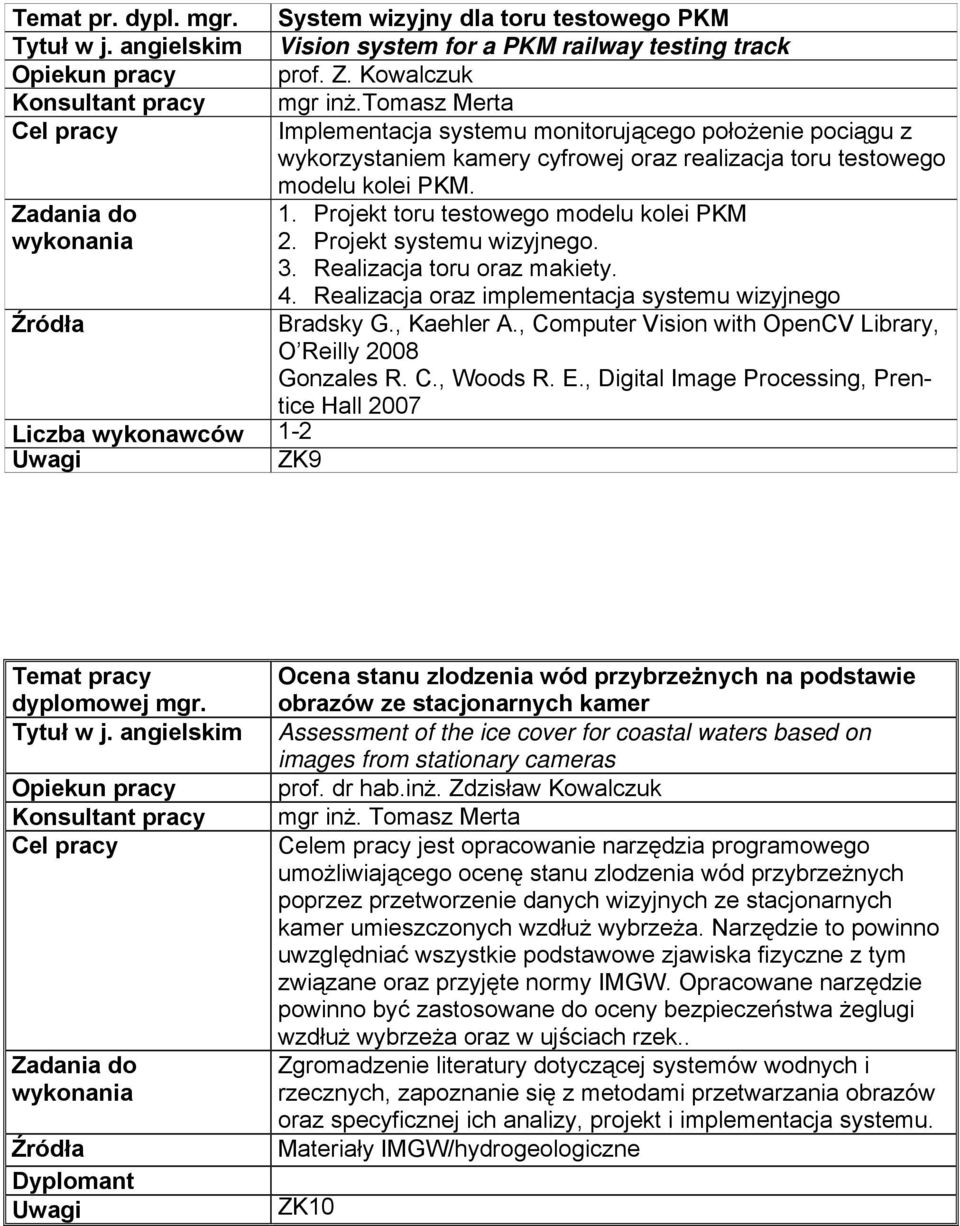 Projekt systemu wizyjnego. 3. Realizacja toru oraz makiety. 4. Realizacja oraz implementacja systemu wizyjnego Bradsky G., Kaehler A., Computer Vision with OpenCV Library, O Reilly 2008 Gonzales R. C., Woods R.