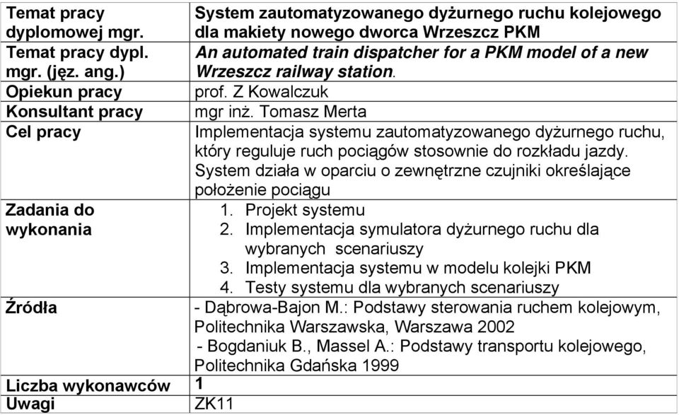 prof. Z Kowalczuk mgr inż. Tomasz Merta Implementacja systemu zautomatyzowanego dyżurnego ruchu, który reguluje ruch pociągów stosownie do rozkładu jazdy.