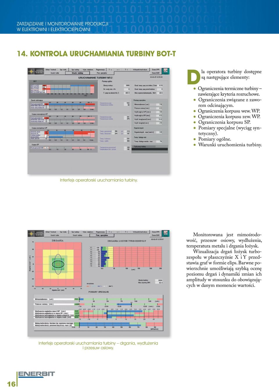 Warunki uruchomienia turbiny. Interfejs operatorski uruchamiania turbiny. Monitorowana jest mimośrodowość, przesuw osiowy, wydłużenia, temperatura metalu i drgania łożysk.