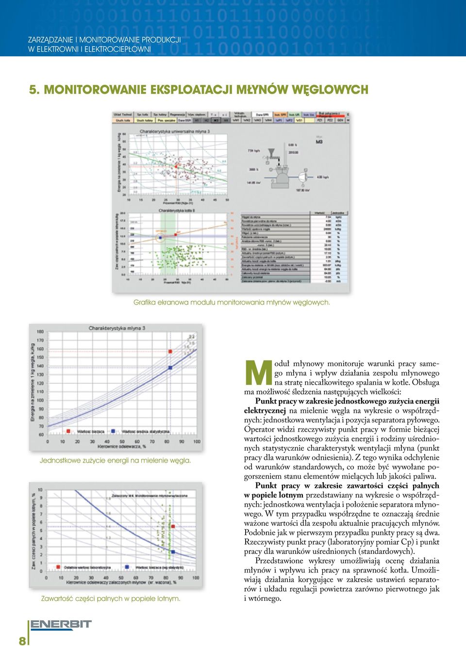Obsługa ma możliwość śledzenia następujących wielkości: Punkt pracy w zakresie jednostkowego zużycia energii elektrycznej na mielenie węgla na wykresie o współrzędnych: jednostkowa wentylacja i