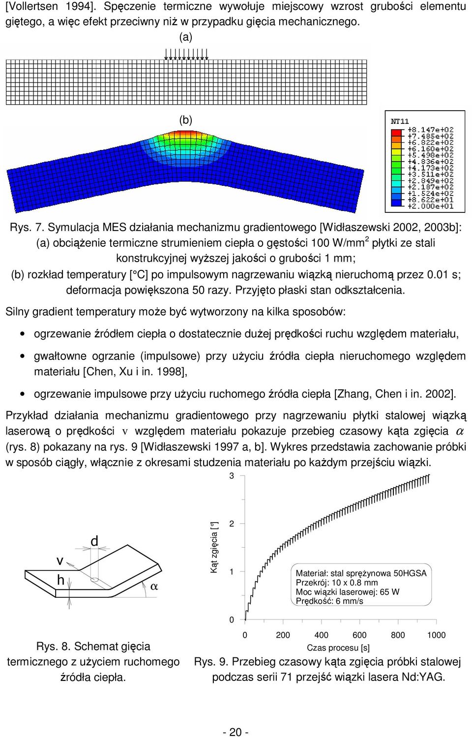 grubości 1 mm; (b) rozkład temperatury [ C] po impulsowym nagrzewaniu wiązką nieruchomą przez 0.01 s; deformacja powiększona 50 razy. Przyjęto płaski stan odkształcenia.