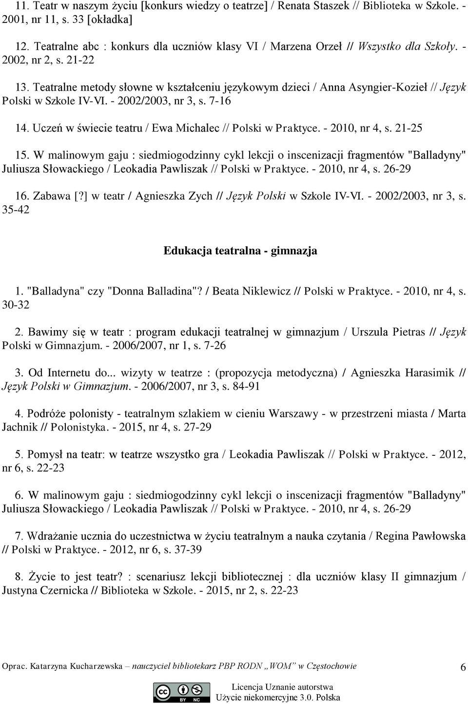 Teatralne metody słowne w kształceniu językowym dzieci / Anna Asyngier-Kozieł // Język Polski w Szkole IV-VI. - 2002/2003, nr 3, s. 7-16 14. Uczeń w świecie teatru / Ewa Michalec // Polski w Praktyce.