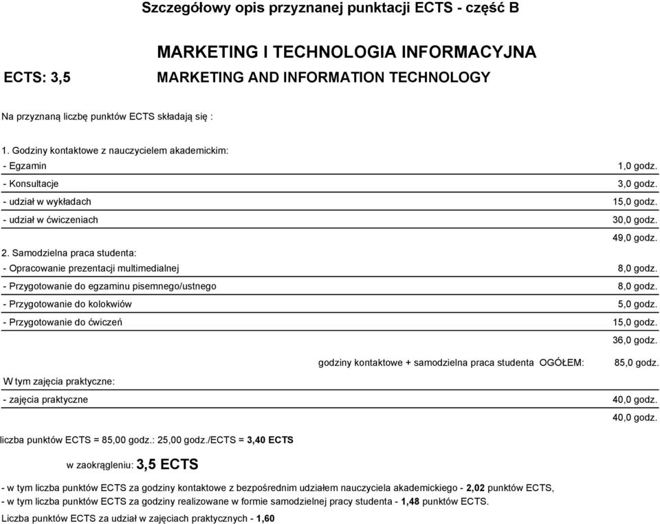 - Opracowanie prezentacji multimedialnej 8,0 godz. - Przygotowanie do egzaminu pisemnego/ustnego 8,0 godz. - Przygotowanie do kolokwiów 5,0 godz. - Przygotowanie do ćwiczeń 15,0 godz.