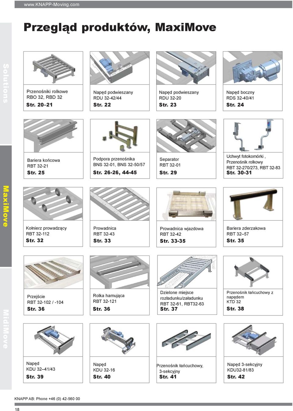 24 Podpora przenośnika BNS 32-01, BNS 32-50/57 Rolka hamująca RBT 32-121 Str. 36 Separator RBT 32-01 Prowadnica wjazdowa RBT 32-42 Str.