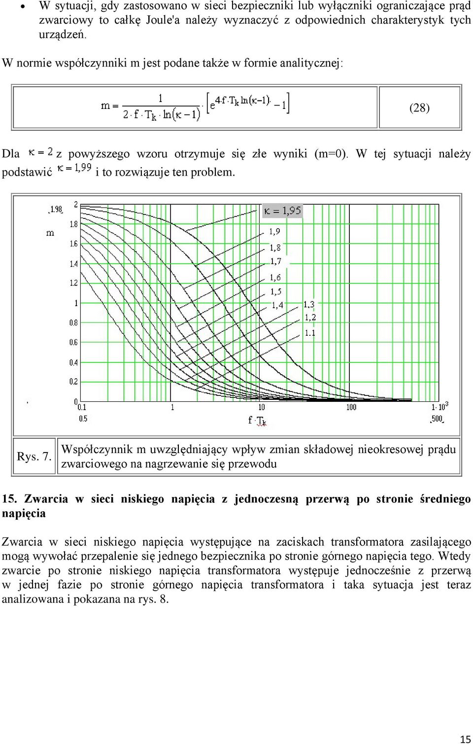 Współczynnik m uwzględniający wpływ zmian składowej nieokresowej prądu zwarciowego na nagrzewanie się przewodu 15.
