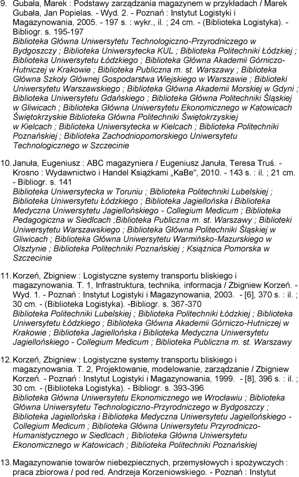 195-197 Biblioteka Główna Uniwersytetu Technologiczno-Przyrodniczego w Bydgoszczy ; Biblioteka Uniwersytecka KUL ; Biblioteka Politechniki Łódzkiej ; Biblioteka Uniwersytetu Łódzkiego ; Biblioteka