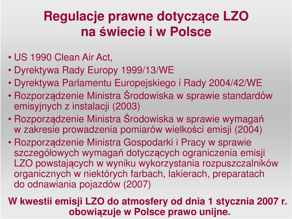 wielkości emisji (2004) Rozporządzenie Ministra Gospodarki i Pracy w sprawie szczegółowych wymagań dotyczących ograniczenia emisji LZO powstających w wyniku wykorzystania