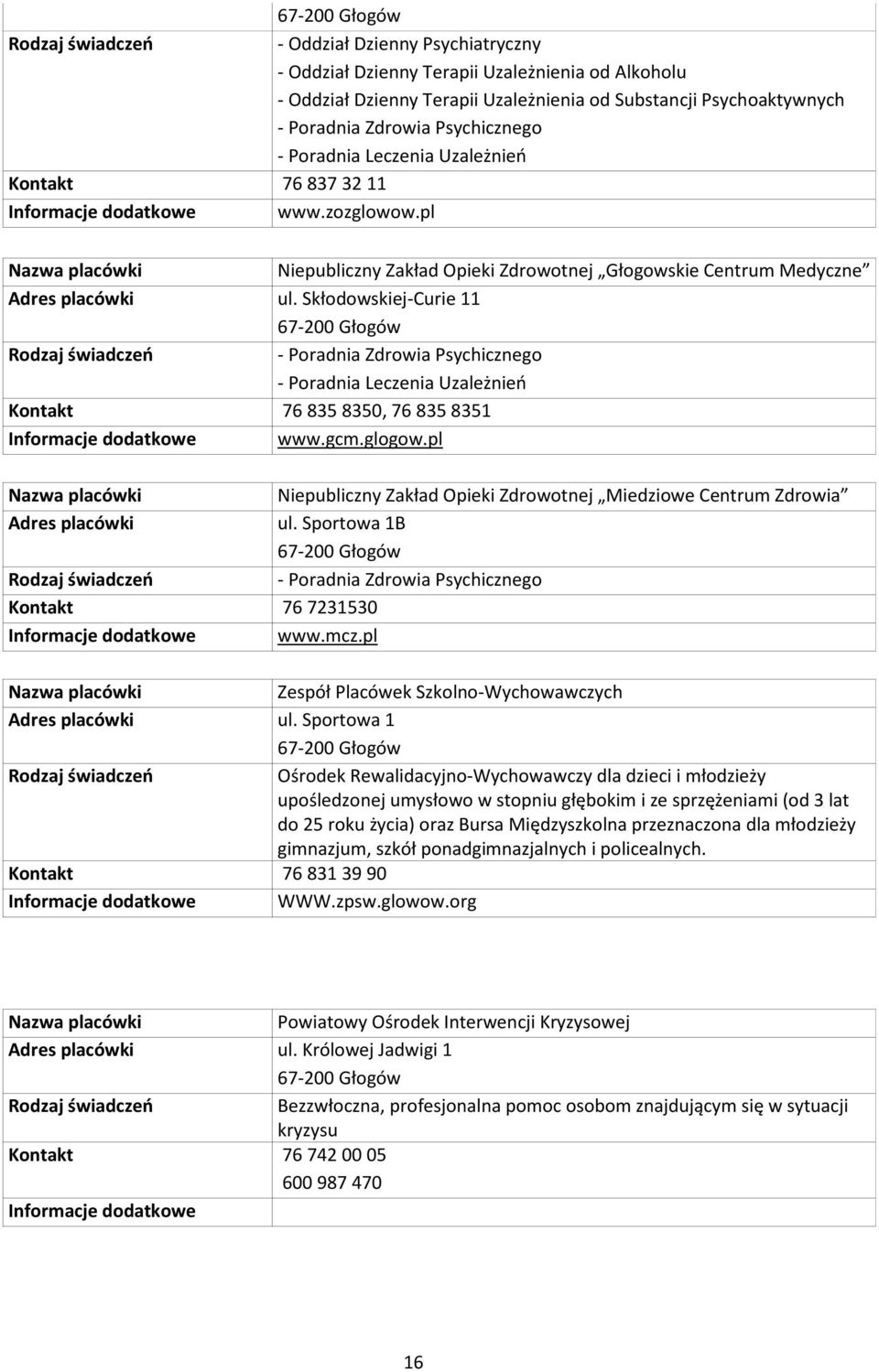 Skłodowskiej-Curie 11 67-200 Głogów - Poradnia Zdrowia Psychicznego - Poradnia Leczenia Uzależnień Kontakt 76 835 8350, 76 835 8351 www.gcm.glogow.pl Adres placówki Kontakt 76 7231530 www.mcz.