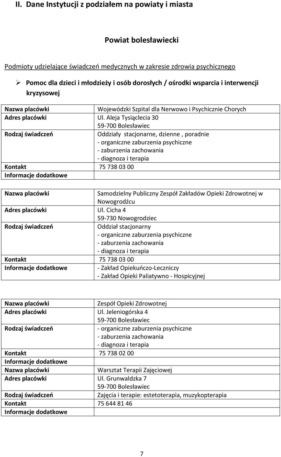 Aleja Tysiąclecia 30 59-700 Bolesławiec Oddziały stacjonarne, dzienne, poradnie - organiczne zaburzenia psychiczne - zaburzenia zachowania - diagnoza i terapia Kontakt 75 738 03 00 Samodzielny