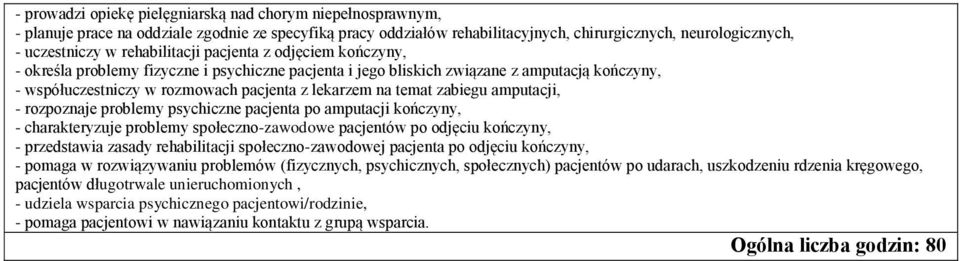 temat zabiegu amputacji, - rozpoznaje problemy psychiczne pacjenta po amputacji kończyny, - charakteryzuje problemy społeczno-zawodowe pacjentów po odjęciu kończyny, - przedstawia zasady