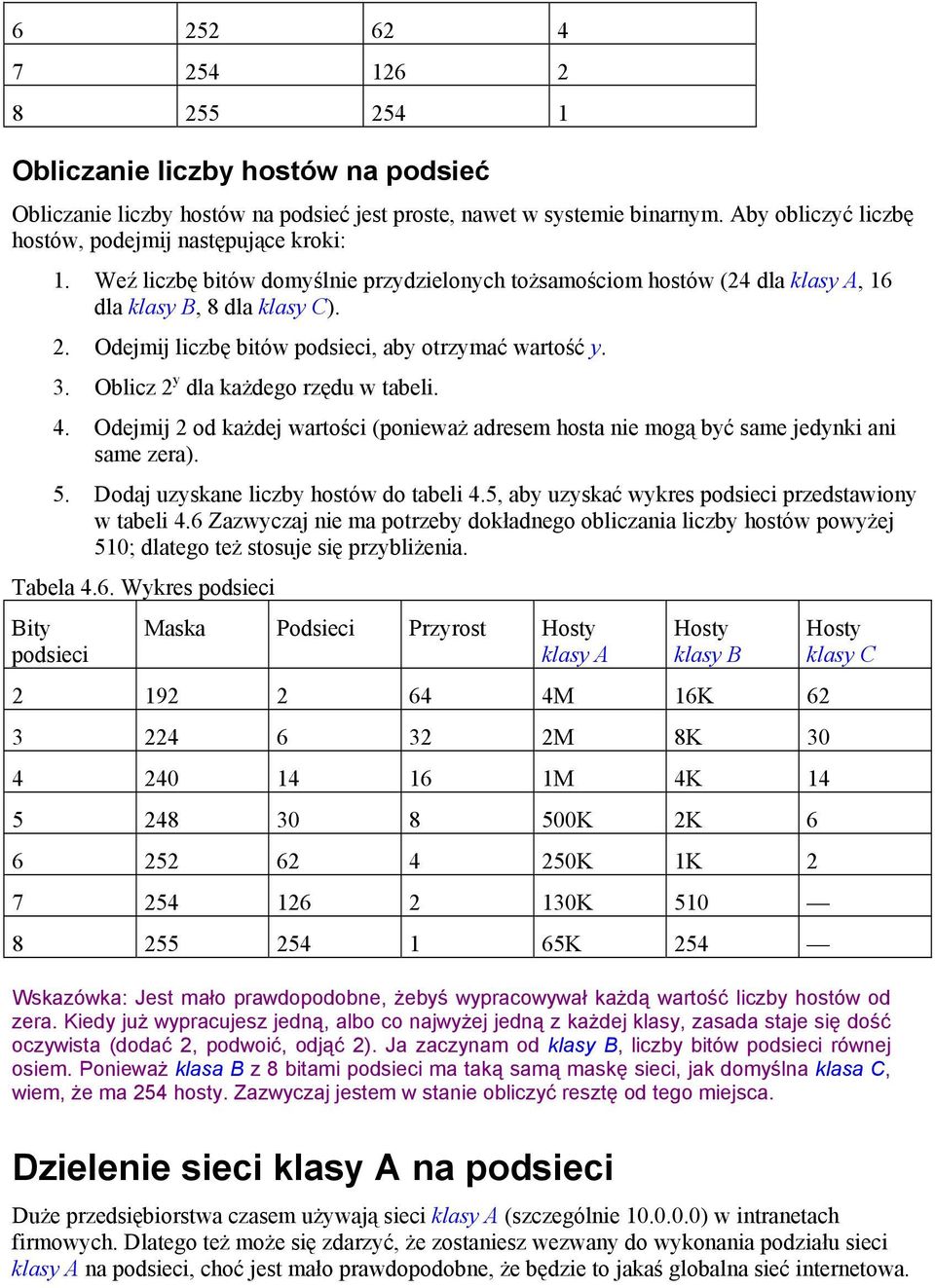Odejmij liczbę bitów podsieci, aby otrzymać wartość y. 3. Oblicz 2 y dla każdego rzędu w tabeli. 4. Odejmij 2 od każdej wartości (ponieważ adresem hosta nie mogą być same jedynki ani same zera). 5.