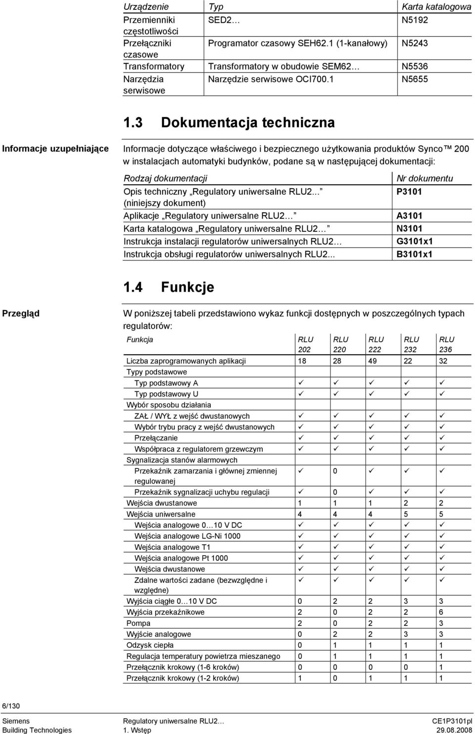 3 Dokumentacja techniczna Informacje uzupełniające Informacje dotyczące właściwego i bezpiecznego użytkowania produktów Synco 200 w instalacjach automatyki budynków, podane są w następującej