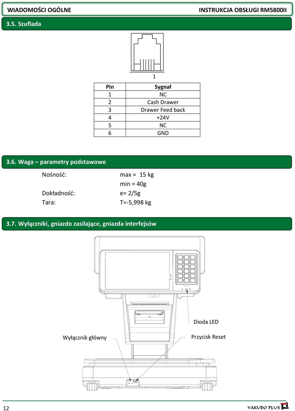 Szuflada Pin Sygnał 1 NC 2 Cash Drawer 3 Drawer Feed back 4 +24V 5 NC 6 