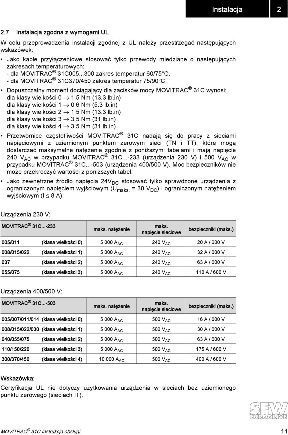 następujących zakresach temperaturowych: - dla MOVITRAC 31C005...300 zakres temperatur 60/75 C. - dla MOVITRAC 31C370/450 zakres temperatur 75/90 C.