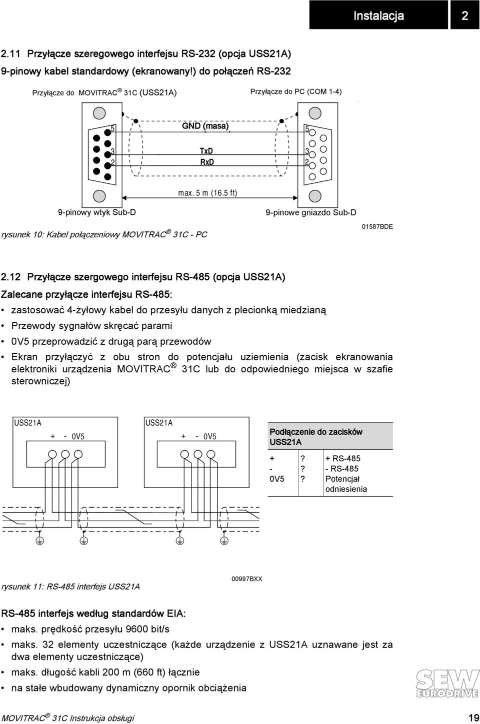5 ft) 9-pinowy 9-poliger Sub-D-Stecker wtyk rysunek 10: Kabel połączeniowy MOVITRAC 31C - PC 9-pinowe 9-polige gniazdo Sub-D-Buchse 01587BDE 2.