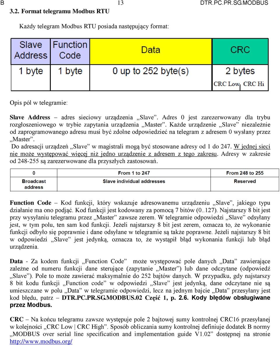 Każde urządzenie Slave niezależnie od zaprogramowanego adresu musi być zdolne odpowiedzieć na telegram z adresem 0 wysłany przez Master.