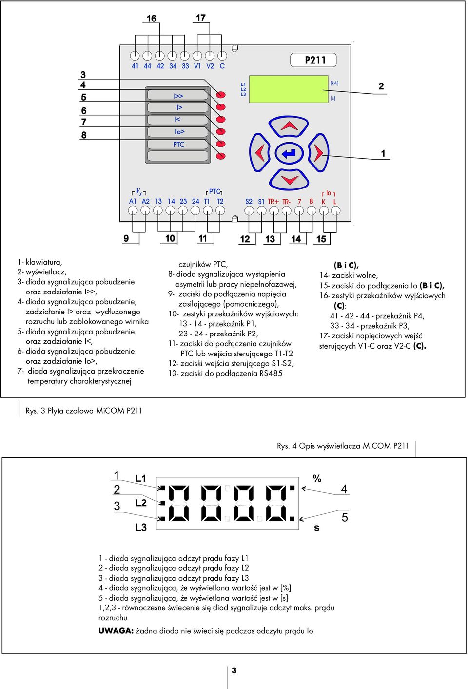 zadzia³anie I<, 6- dioda sygnalizuj¹ca pobudzenie oraz zadzia³anie Io>, 7- dioda sygnalizuj¹ca przekroczenie temperatury charakterystycznej czujników PTC, 8- dioda sygnalizuj¹ca wyst¹pienia asymetrii