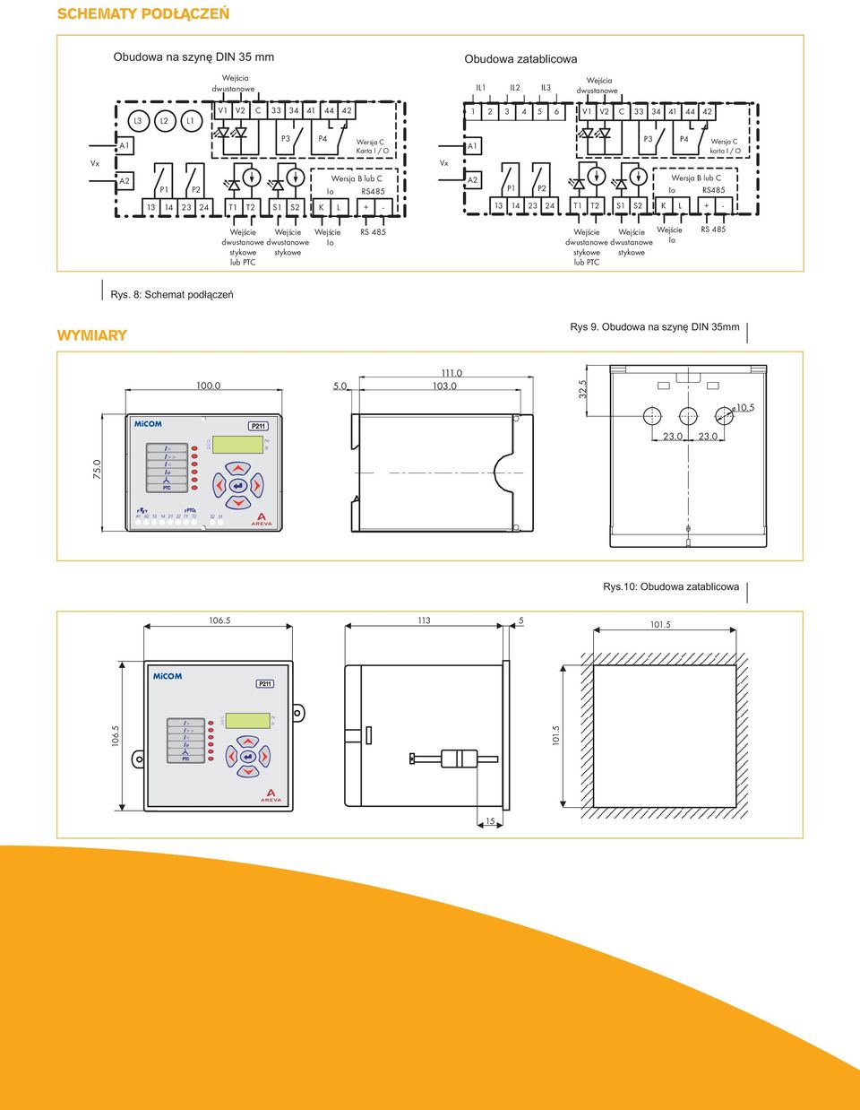 dwustanowe stykowe stykowe lub PTC Wejœcie Io RS 485 Wejœcie Wejœcie dwustanowe dwustanowe stykowe stykowe lub PTC Wejœcie Io RS 485 Rys. 8: Schemat pod³¹czeñ WYMIARY Rys 9.