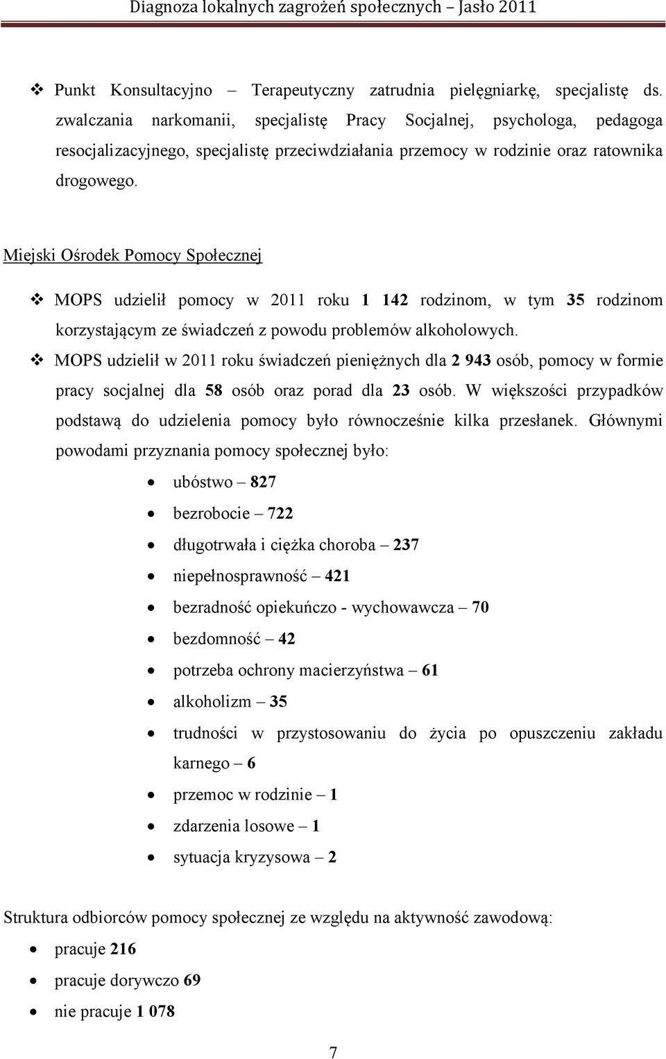 Miejski Ośrodek Pomocy Społecznej MOPS udzielił pomocy w 2011 roku 1 142 rodzinom, w tym 35 rodzinom korzystającym ze świadczeń z powodu problemów alkoholowych.