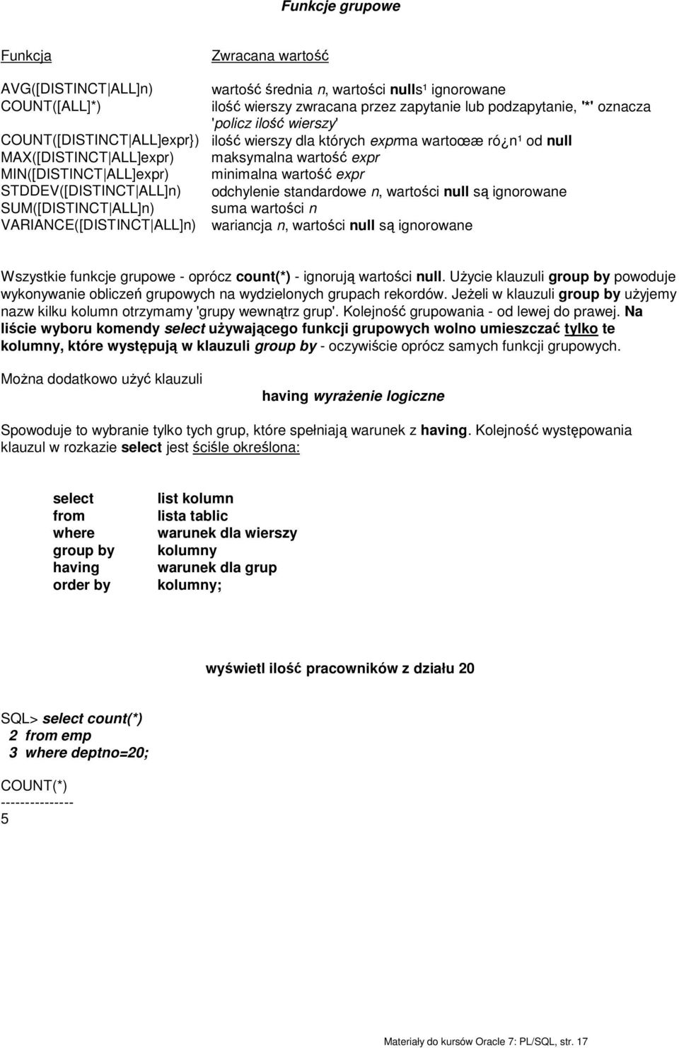 STDDEV([DISTINCT ALL]n) odchylenie standardowe n, wartości null są ignorowane SUM([DISTINCT ALL]n) suma wartości n VARIANCE([DISTINCT ALL]n) wariancja n, wartości null są ignorowane Wszystkie funkcje