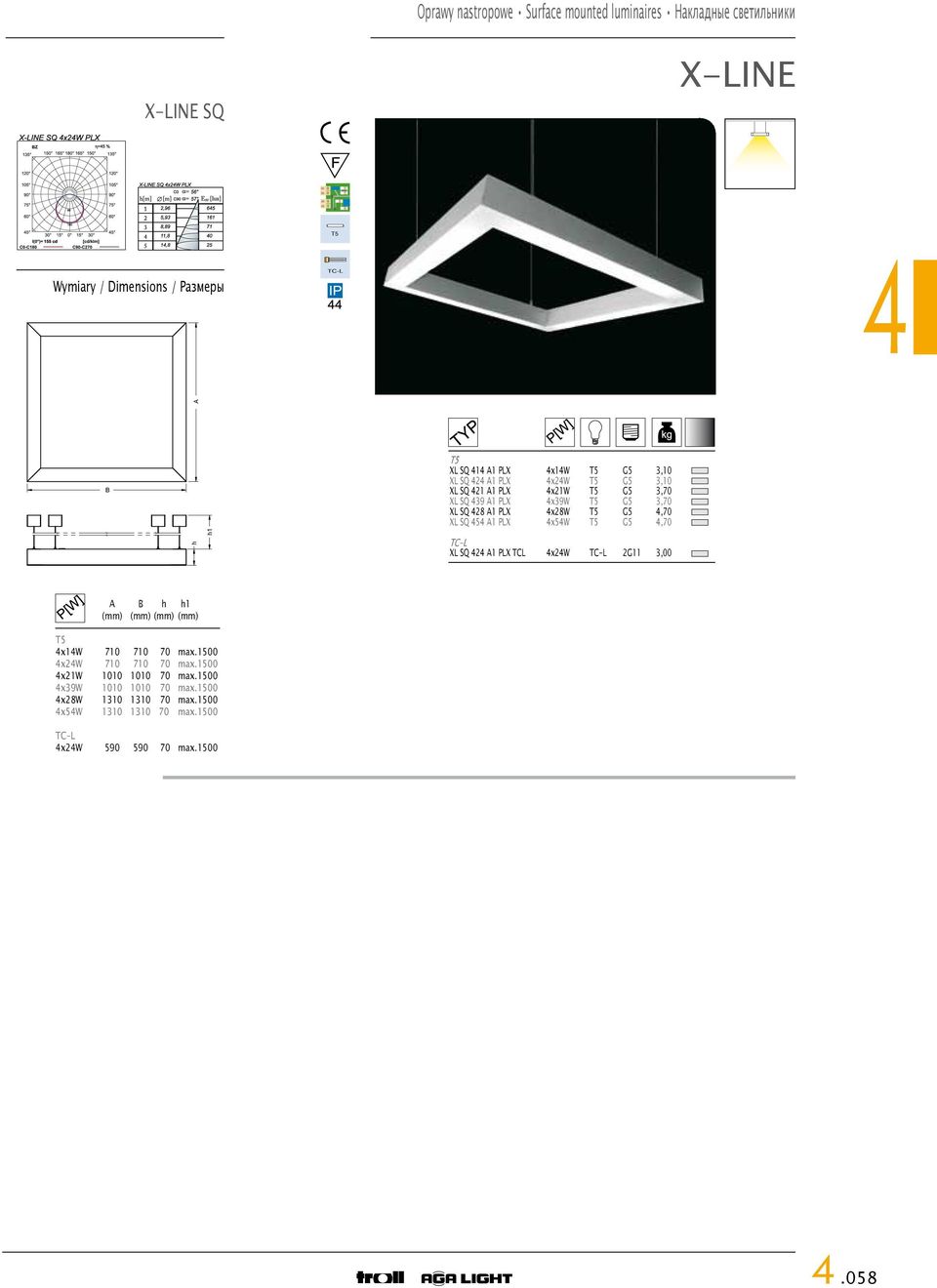 454 A1 PLX 4x54W T5 G5 4,70 TC-L XL SQ 424 A1 PLX TCL 4x24W TC-L 2G11 3,00 A B h h1 (mm) (mm) (mm) (mm) T5 4x14W 710 710 70 max.