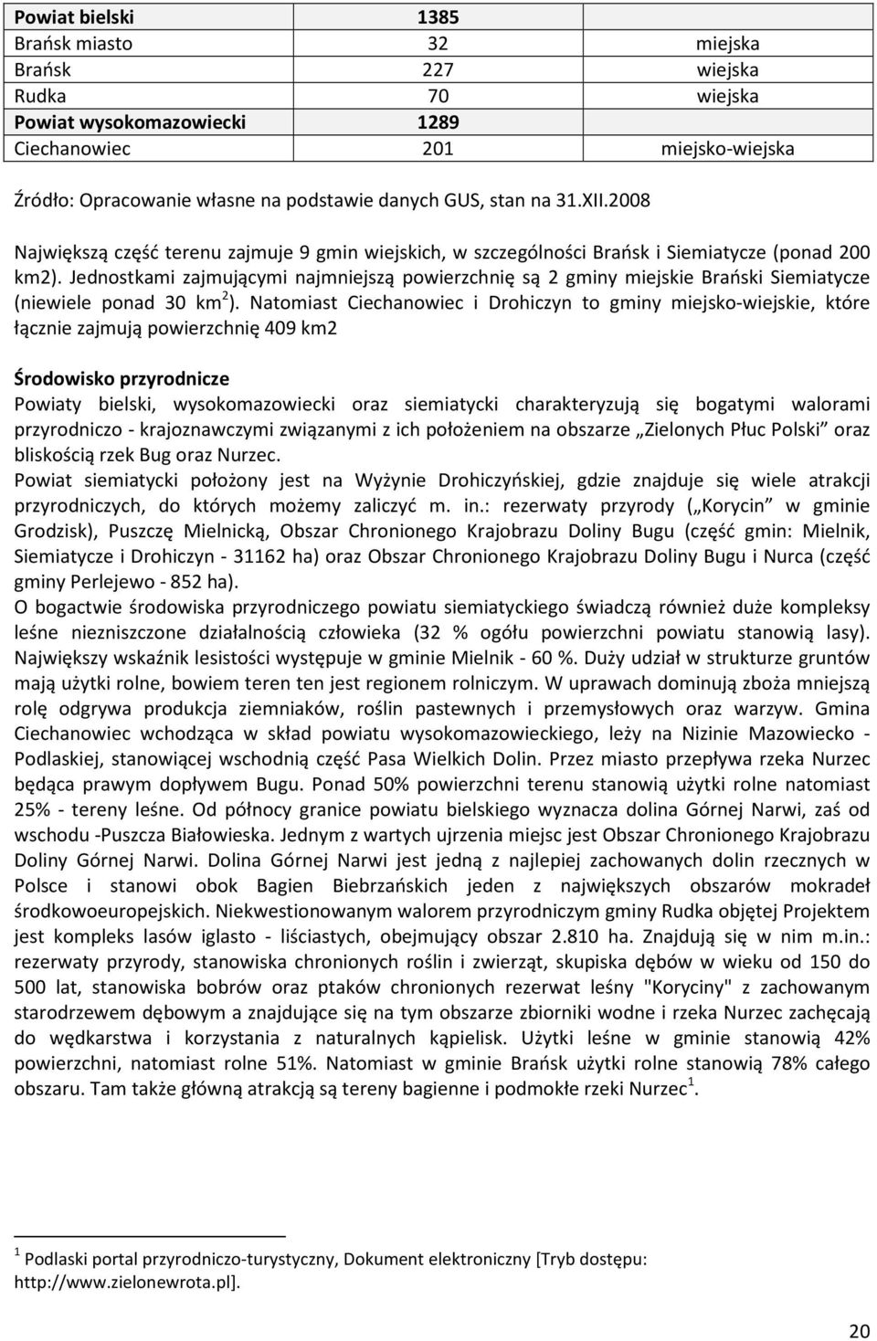 Jednostkami zajmującymi najmniejszą powierzchnię są 2 gminy miejskie Brański Siemiatycze (niewiele ponad 30 km 2 ).