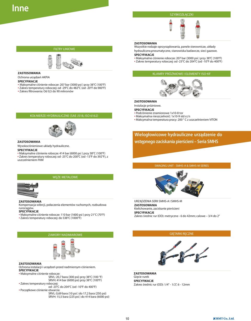 ) przy 38 C (100 F) Zakres temperatury roboczej: od -29 C do 482 C (od -20 F do 900 F) Zakres filtrowaia: Od 0,5 do 90 mikroów KLAMRY PRÓŻNIOWE I ELEMENTY ISO-KF KOŁNIERZE HYDRAULICZNE (SAE J518, ISO