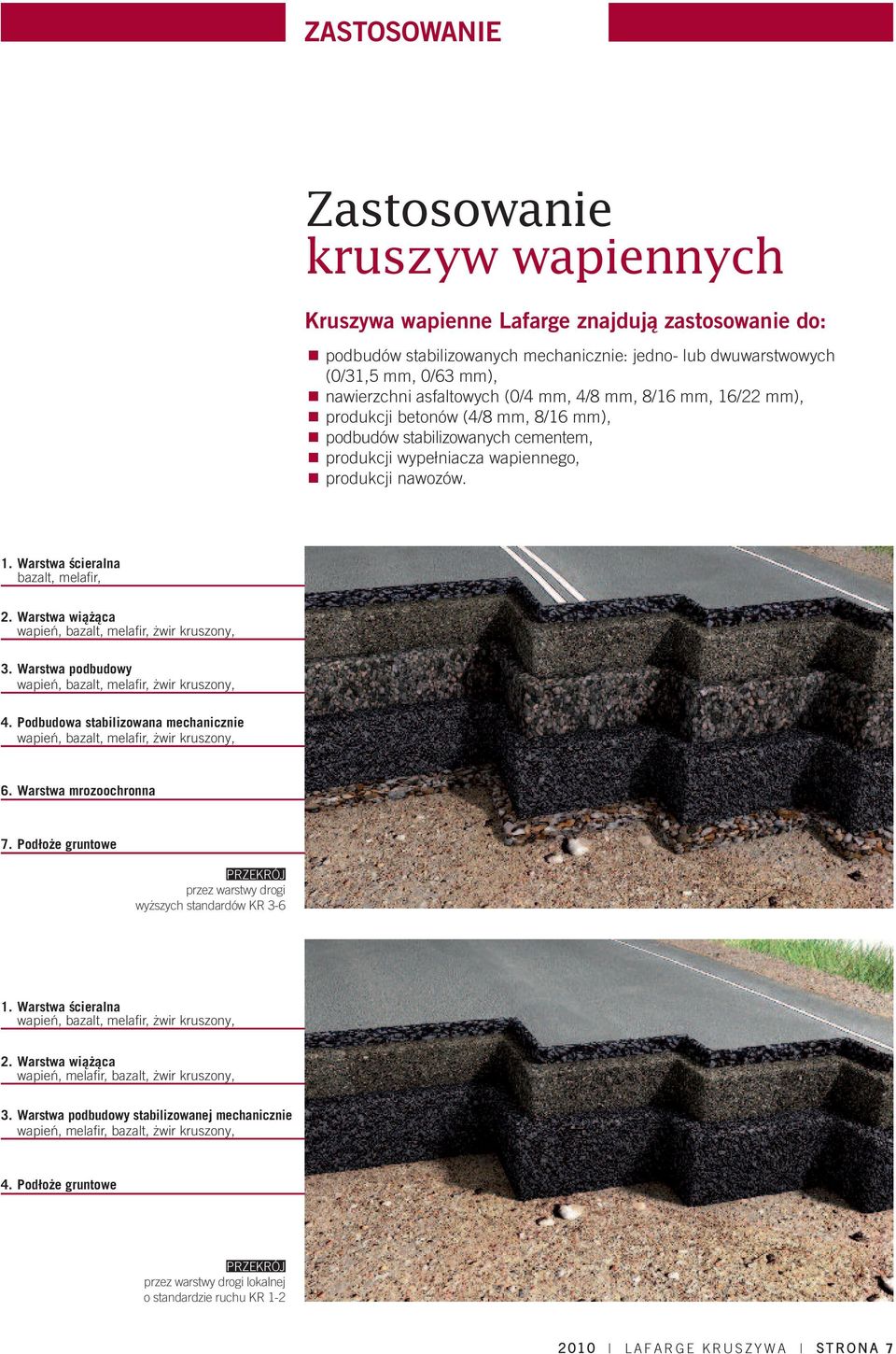 Warstwa wiążąca wapień, bazalt, melafir, żwir kruszony, 3. Warstwa podbudowy wapień, bazalt, melafir, żwir kruszony, 4. Podbudowa stabilizowana mechanicznie wapień, bazalt, melafir, żwir kruszony, 6.