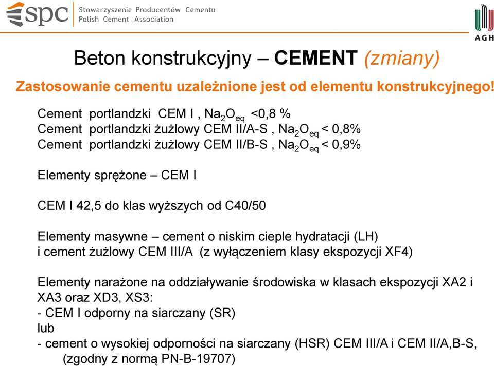 sprężone CEM I CEM I 42,5 do klas wyższych od C40/50 Elementy masywne cement o niskim cieple hydratacji (LH) i cement żużlowy CEM III/A (z wyłączeniem klasy ekspozycji