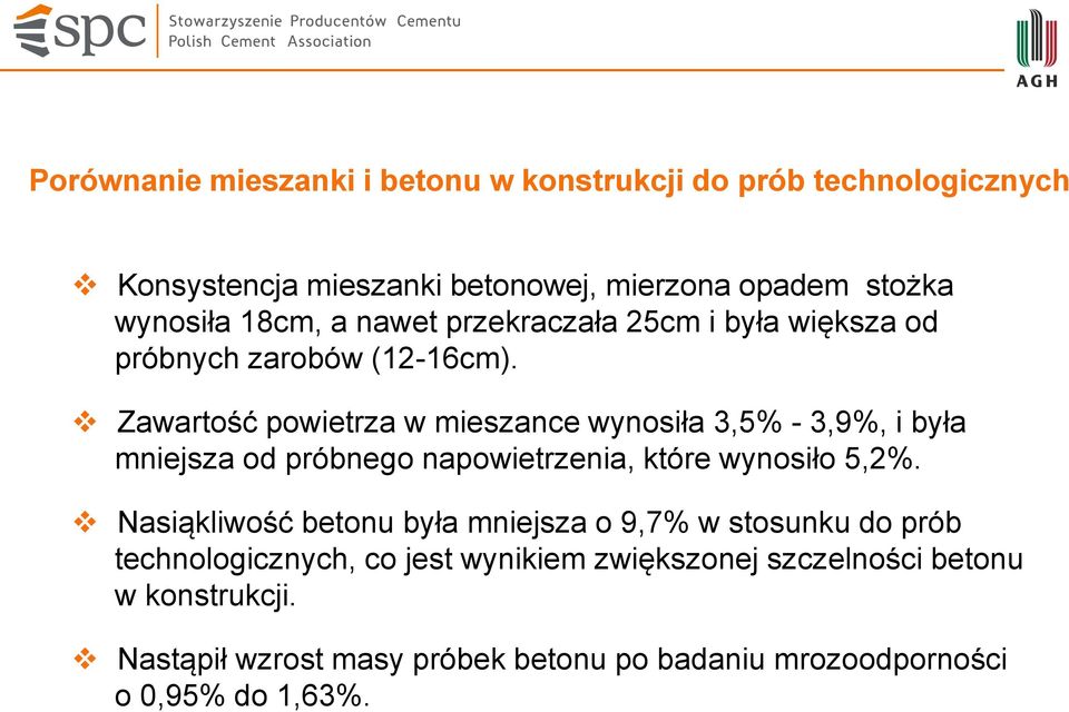 Zawartość powietrza w mieszance wynosiła 3,5% - 3,9%, i była mniejsza od próbnego napowietrzenia, które wynosiło 5,2%.