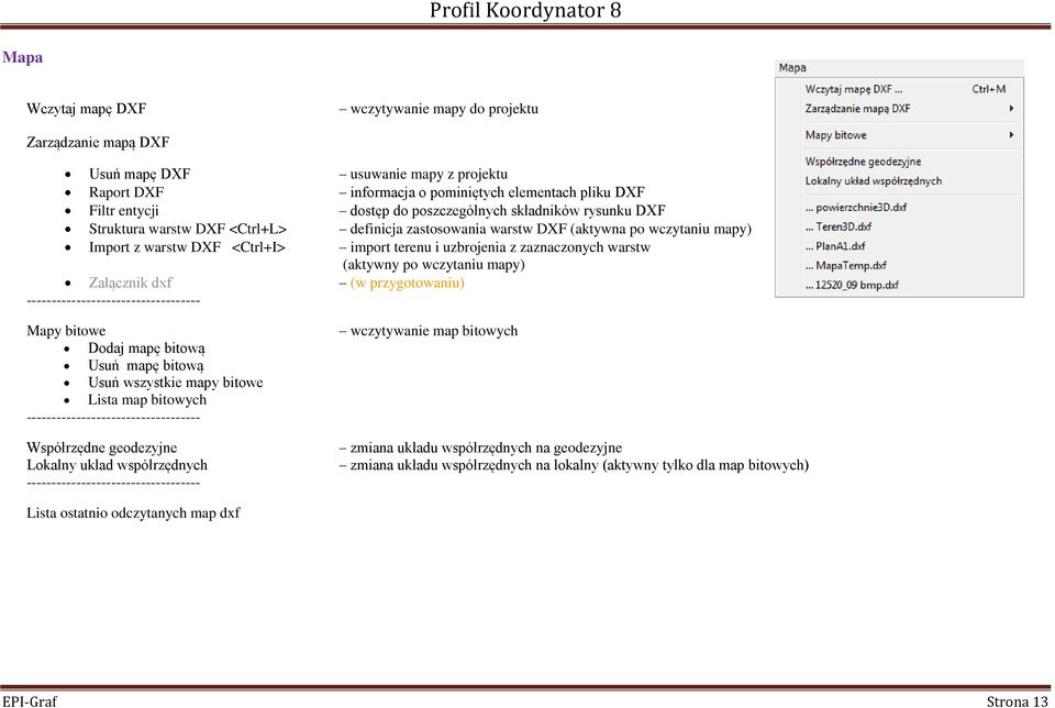 zaznaczonych warstw (aktywny po wczytaniu mapy) Załącznik dxf (w przygotowaniu) ----------------------------------- Mapy bitowe Dodaj mapę bitową Usuń mapę bitową Usuń wszystkie mapy bitowe Lista map