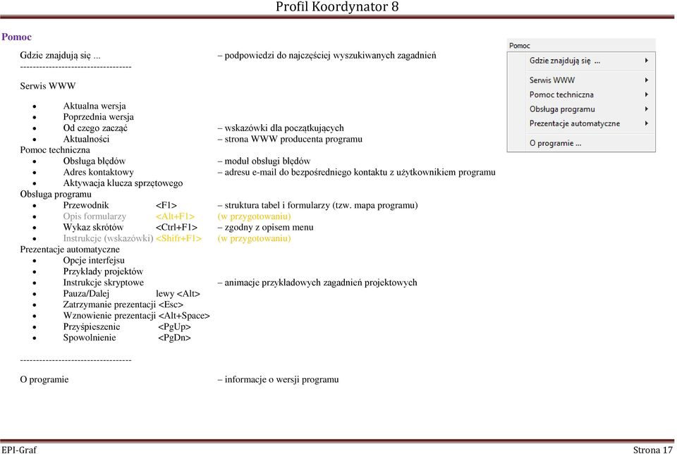 WWW producenta programu Pomoc techniczna Obsługa błędów moduł obsługi błędów Adres kontaktowy adresu e-mail do bezpośredniego kontaktu z użytkownikiem programu Aktywacja klucza sprzętowego Obsługa